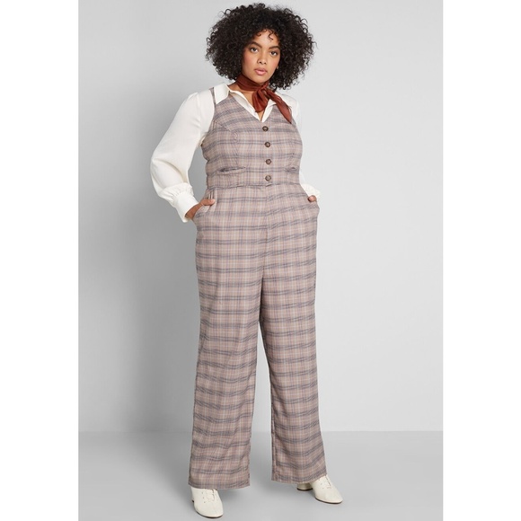 Modcloth Plaid Appeal Vest Jumpsuit Pockets sz 26 - Picture 1 of 8